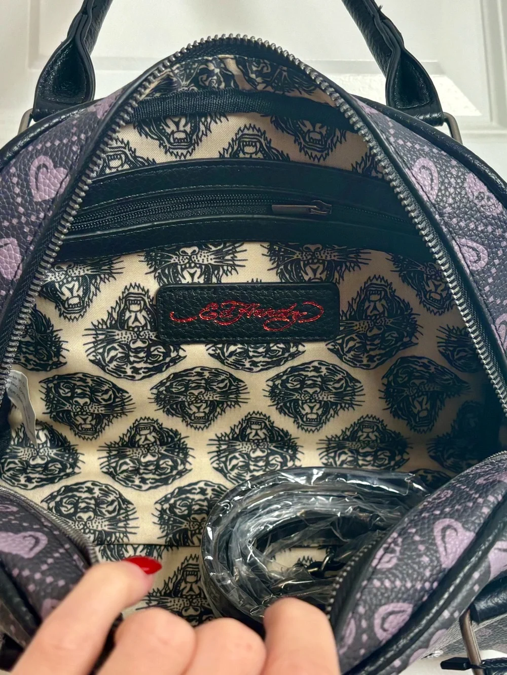 Ed Hardy Black Pink Rhinestone Skull Heart Bowler-Style Satchel Handbag